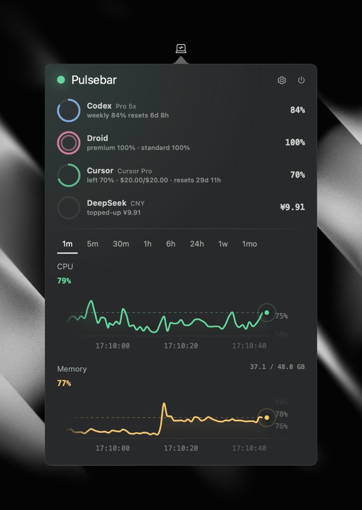 Pulsebar showing AI agent usage quotas next to CPU and memory
